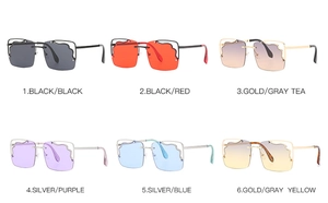 Detail showing various colors of rimless square sunglasses with wavy metal trim and lenses