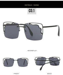 Detail view of square rimless sunglasses with unique hollow wavy edge and metal temples