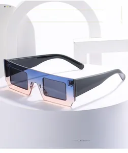Detail of square oversized sunglasses featuring gradient blue and pink frames with dark lenses