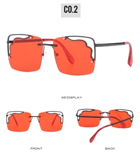 Detail view of red square sunglasses showing front, back, and 45-degree angle display