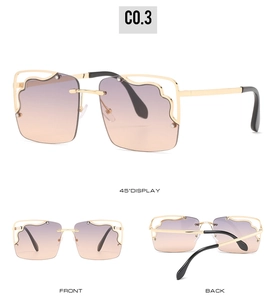 Three-way view of gold metal rimless sunglasses with purple gradient wave lenses