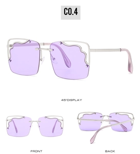 Three-view display of purple wavy rimless sunglasses with silver metal frame and temples