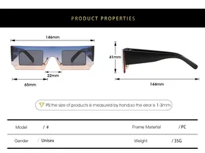 Size guide for oversized square sunglasses featuring frame width and PC material specs