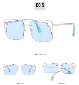 Detailed views of blue cloud-shaped rimless sunglasses with silver metal temples