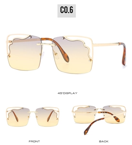 Three-angle view of gold metal sunglasses with wavy frames and purple-yellow gradient lenses