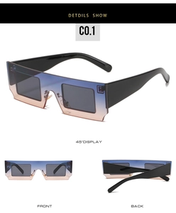 Three-view detail of oversized square sunglasses with blue and orange gradient lenses
