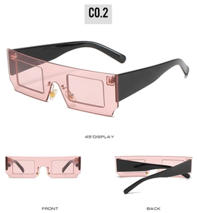 Detail view showing front, back and 45-degree angle of pink rectangle block sunglasses