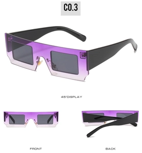 Three-view display of rimless rectangle sunglasses with purple gradient lenses and black temples
