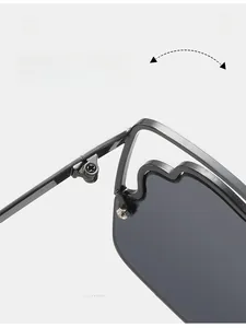 Macro detail of high-quality metal hinges on stylish wave-shaped square sunglasses