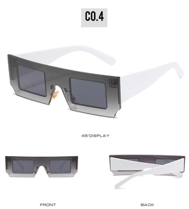 Detail views of oversized grey gradient sunglasses with wide white plastic temples