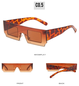 Three-angle view of oversized rectangle sunglasses with leopard temples and brown lenses