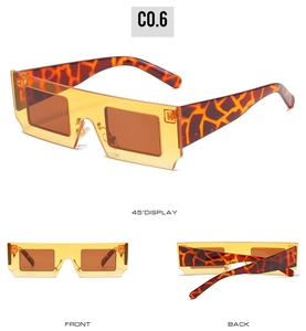 Detailed views of rectangle sunglasses with yellow lenses and tortoiseshell temples