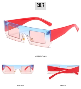 Three-way view of futuristic pixel-style rectangular sunglasses with blue-pink gradient lenses