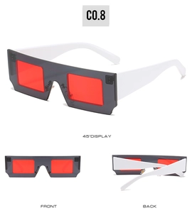 Detailed views of pixel-style square sunglasses with grey frames and red lenses