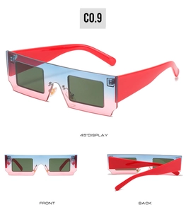 Three perspectives of pixel-style sunglasses with red temples and blue-pink gradient frames