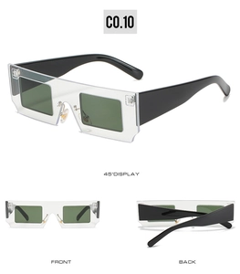 Detailed multi-angle views of futuristic oversized square sunglasses with thick black temples