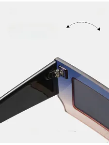 Detail of durable metal hinge on thick black square sunglasses with gradient ocean lenses