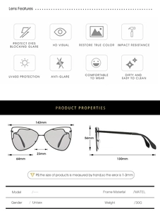 Technical drawing of cat eye sunglasses showing 143mm frame width and UV400 protection