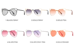 Multi-color display of cat-eye sunglasses with unique flower petal edge lenses
