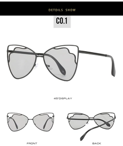 Three-angle view of black cat-eye sunglasses with wave-patterned steel frames and gray lenses
