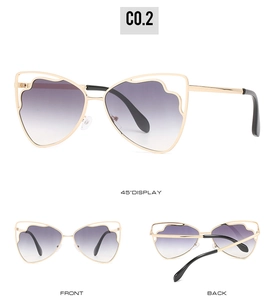 Detailed views of butterfly cat-eye sunglasses with gold metal frame and gradient lenses