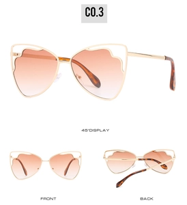 Three views of gold cat-eye sunglasses with gradient orange lenses and tortoiseshell tips