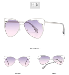 Multi-angle views of butterfly cat eye sunglasses with purple gradient lenses and silver frame