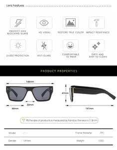 Detailed size specifications for square frame sunglasses with PC frame and UV400 protection