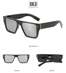 Flat top square sunglasses with black frame, silver lenses and gold stud details
