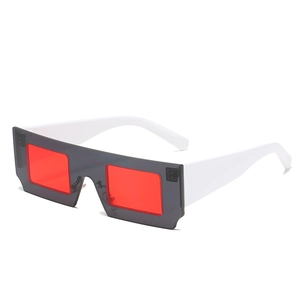 Square pixel style sunglasses with red lenses, gray frames and white temples in 45-degree view