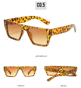 Three angles of leopard print square sunglasses with brown gradient lenses and UV400