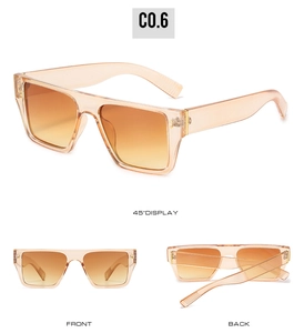 Detailed views of champagne square sunglasses with gradient orange lenses and metal hinges