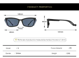 Detailed size chart for unisex cat eye sunglasses with PC frame measurements