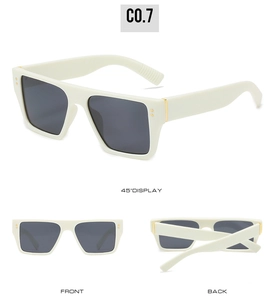 Detailed views of white square sunglasses with gold rivets and gray lenses from three angles