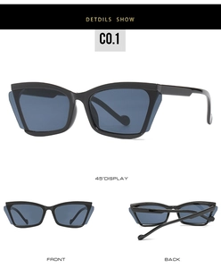 Detailed views of black cat-eye sunglasses with blue lenses from multiple angles