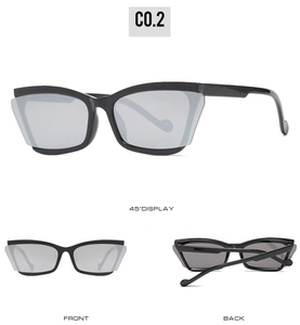 Three views of black cat-eye sunglasses with dark rectangular frames and grey lenses