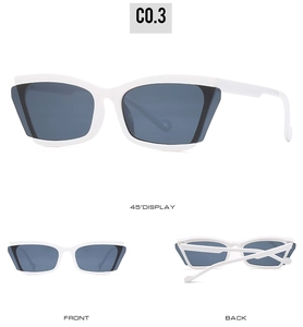 Three-way view of white cat-eye sunglasses with black lenses and geometric side details
