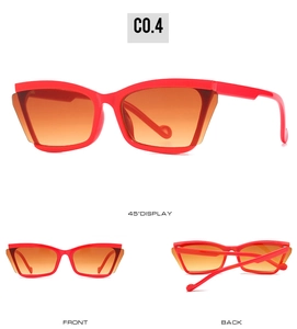 Three angles of red cat-eye sunglasses with orange gradient lenses and sturdy frames