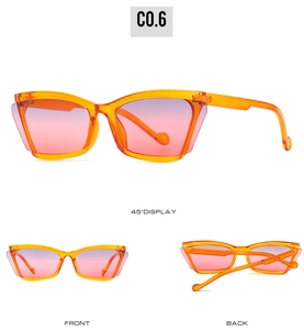 Three-way view of cat eye sunglasses with transparent orange frame and gradient lenses