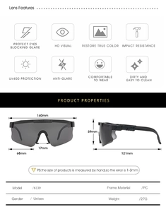 Detailed size specifications and UV400 lens features of polarized sports sunglasses