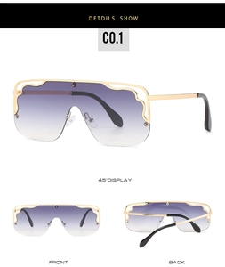 Detailed multi-angle views of square flat top gradient sunglasses with golden wavy frame