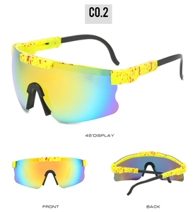 Three-way view of polarized cycling sunglasses with yellow speckled frame and rainbow lens