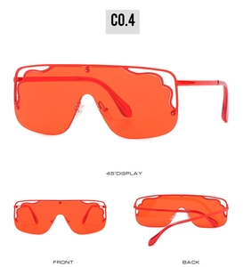 Three-view display of red oversized sunglasses with unique wavy hollow frame design