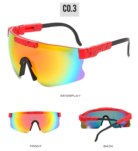 Detail view of red splatter cycling sunglasses with iridescent lenses and non-slip pads