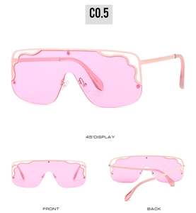 Multi-angle views of pink gradient oversized sunglasses with wavy scalloped edge lenses
