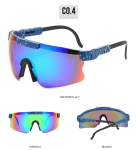 Polarized cycling sunglasses featuring rainbow lenses and blue yellow splatter frame