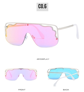 Flat top shield sunglasses featuring blue-pink gradient lenses and wavy cut edges