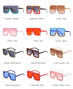 Grid view of twelve colorful rhinestone embellished square sunglasses in various shades