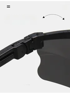 Detail of durable texture hinge on black sports sunglasses for thousand folds endurance