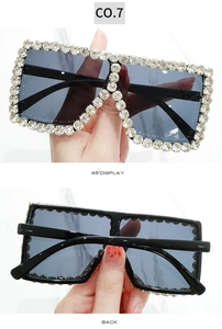 Macro detail of luxury square sunglasses frame with rhinestone edging from two angles